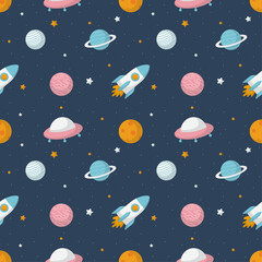 seamless pattern cartoon space. planets isolated on blue background.