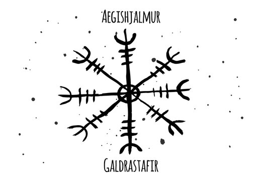 Galdrastafir Aegishjalmur. Magic Navigation Compass of ancient Icelandic Vikings with scandinavian runes.