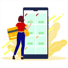 Woman and smartphone. Credit card on screen, human near big phone, Online shopping, choose top product. Illustration for web