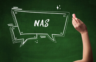 Hand drawing NAS abbreviation with white chalk on blackboard
