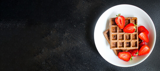 waffles Belgian  dessert sweet serving size. food background top view copy space organic eating