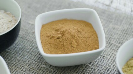 Top voew of Aromatic spices in white plates
