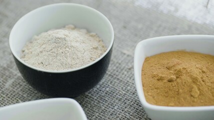 Top voew of Aromatic spices in white plates