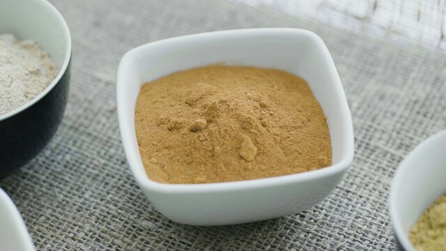 Top voew of Aromatic spices in white plates