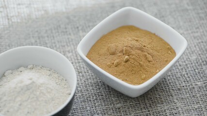 Top voew of Aromatic spices in white plates