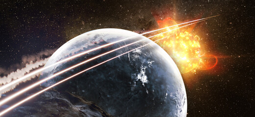 Spaceship in space above the planets in distant solar system. Elements of this image furnished by NASA.