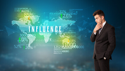 Businessman in front of a decision with INFLUENCE inscription, business concept