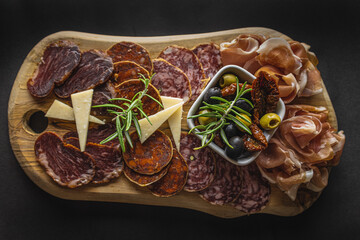Mediterranean platter. Spanish tapas and italian antipasti. Cheese, olives, chorizo, tomatoes, tenderloin, salchichon and prosciutto.