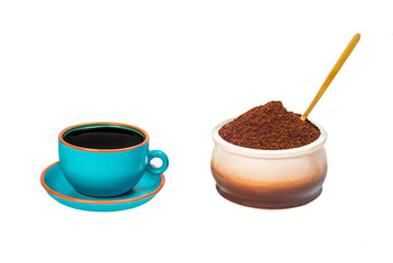 Blue coffee cup with a bowl of ground coffee with a wooden spoon.