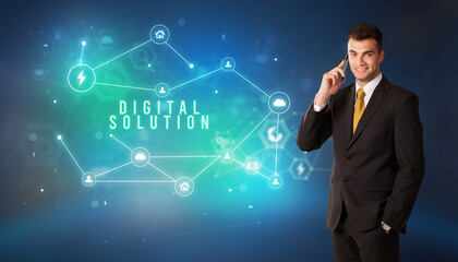 Businessman in front of cloud service icons with DIGITAL SOLUTION inscription, modern technology concept