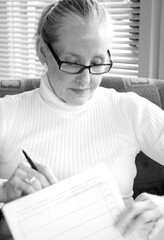 Female counselor working overtime in her office.