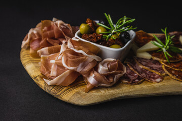 Mediterranean platter. Spanish tapas and italian antipasti. Cheese, olives, chorizo, tomatoes, tenderloin, salchichon and prosciutto.
