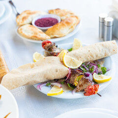 Club sandwich with french fries and ketchup