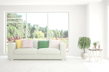 White living room with sofa. Scandinavian interior design. 3D illustration