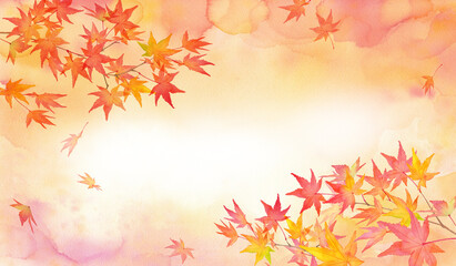 赤く色づいた秋の紅葉の背景。水彩イラスト。２隅装飾フレームデザイン。