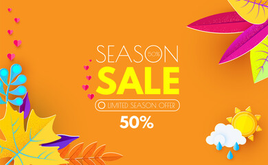 Fototapeta na wymiar Autumn Sale. Seasonal Offer Poster Template with Colorful Leaves. Paper Art.