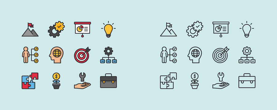 Set of Management Related Vector Line Icons. Contains such Icons as Target, Puzzle, Certificate, Personal data processing, Task Manager, Qualification, Head Hunting and more. Editable Stroke