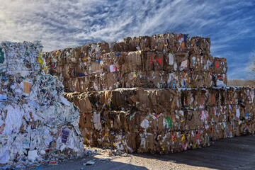 Bales of cardboard and box board. Waste paper for Recycling. Background of paper textures, Paper garbage at the recycling plant