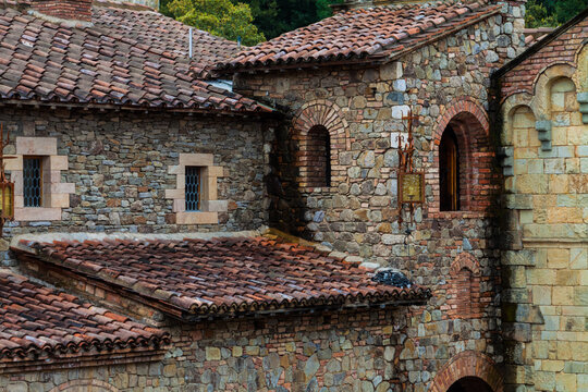View of Courtyard Walls at an Italian Style Castle in Napa Valley, Calistoga, California, USA