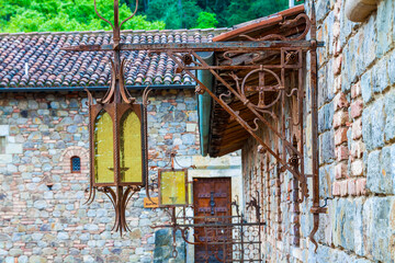 View of Courtyard  With Lamps at an Italian Style Castle in Napa Valley,Calistoga, California, USA