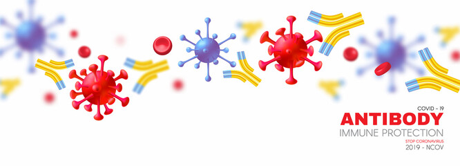 Virus, blood and Antibody. Healthcare 3D design. Stop Coronavirus 2019-nCoV background. Virus Covid 19-NCP. Coronavirus nCoV and biohazard symbol. Epidemic concept.
