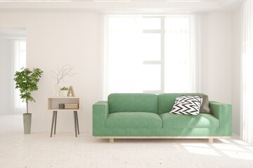 White living room with sofa. Scandinavian interior design. 3D illustration