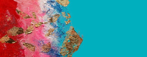 Abstract acrylic  smear blot painting with gold glitter. Color horizontal texture background.