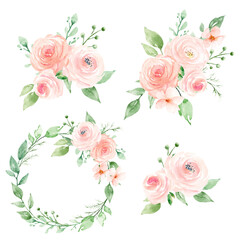 Set watercolor flowers hand painting, floral vintage bouquets with pink blush roses. Print for poster, greeting card. Birthday, wedding design. Isolated on white background.