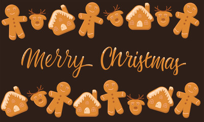 Merry Christmas, ginderbread man, house, deer and hand written sign. Vector stock illustration for Christmas decoration, greeting card, packaging design. 