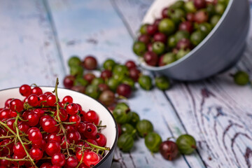 ripe natural berries red currant and green gooseberries on the table