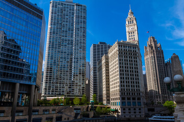 Tour Boat on the Chicago River Below the Chicago Skyline,Chicago, Illinois, USA