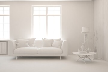 White minimalist living room with sofa. Scandinavian interior design. 3D illustration