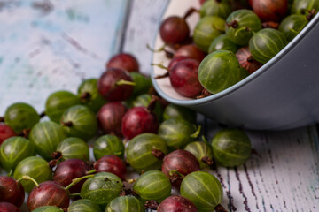red and green gooseberries scattered from a dish on the table
