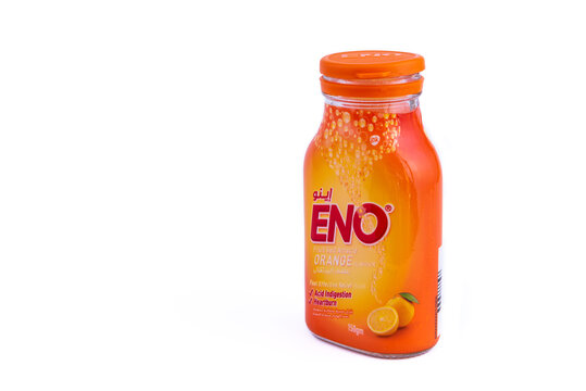 ENO Fruit Salt Antacid Orange Flavour on white background.