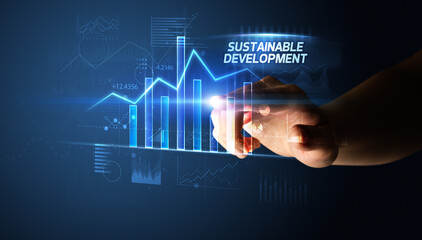 Obraz premium Hand touching SUSTAINABLE DEVELOPMENT button, business concept