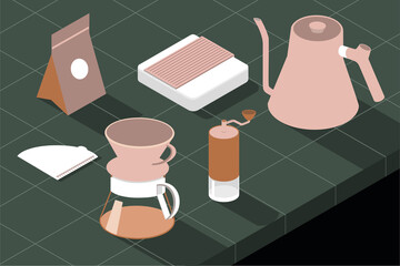 Pour over coffee equipment in isolated vector illustrations. Items included: coffee bag, digital scale, kettle, hand grinder, carafe, dripper, filter paper. Fully editable and are in organized layers.