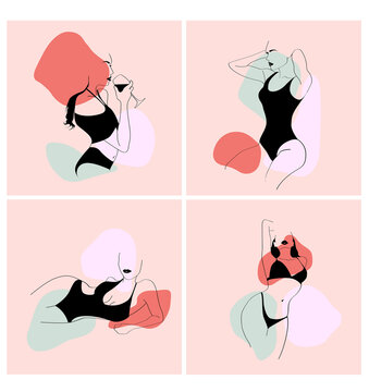 Faceless ladies set. Fashion illustrations. Hand drawn vector. Outline body parts.