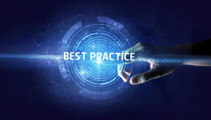 Hand touching BEST PRACTICE button, modern business technology concept