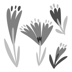 Isolated vector black and white set of decorative doodles of flowers