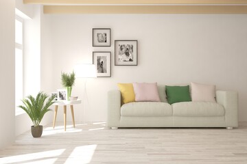 White living room with sofa. Scandinavian interior design. 3D illustration