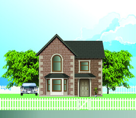 Detached residential house on a suburb street with white picket fence and gate set against a blue cloudy sky
