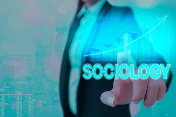 Text sign showing Sociology. Business photo showcasing scientific analysis of a social institution...