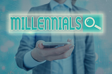 Text sign showing Millennials. Business photo showcasing an individual reaching young adulthood in the early 21st century Web search digital information futuristic technology network connection