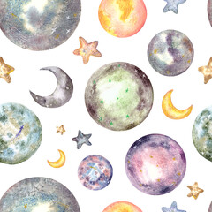 Baby seamless pattern with planets, stars and spaceship. Hand drawn overlapping background for your design. Watercolor childish pattern for fabric, textile, nursery wallpaper. Gray color