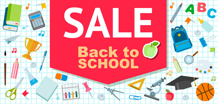 Back to school sale horizontal banner. Set of school elements. Educational design concept. Vector illustration.