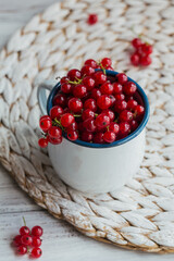 Heap of fresh red currant in white enamel metal mug on white wooden background. Healthy eating and diet food concept.