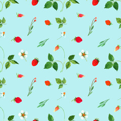 Watercolor seamless pattern with wild flowers, leaves, strawberries. Woodland illustration. Hand drawn nature seamless texture, textile, fabric, wallpaper, background, wrapping paper