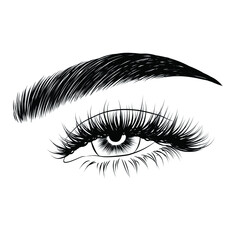 Fototapeta premium Hand-drawn woman's luxurious eye with perfectly shaped eyebrows and full lashes. Idea for business visit card, typography vector.Perfect salon look