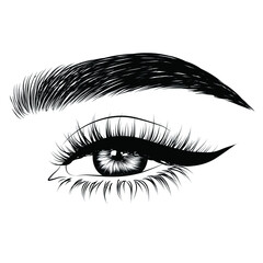 Hand-drawn woman's luxurious eye with perfectly shaped eyebrows and full lashes. Idea for business visit card, typography vector.Perfect salon look.