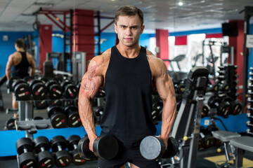 Fototapeta na wymiar .Muscular man working out in gym doing exercises with dumbbells, bodybuilder male